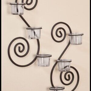 Beautiful Pair of Metal Wall Sconces 3 Tealight Candle Holder with Glass Cups